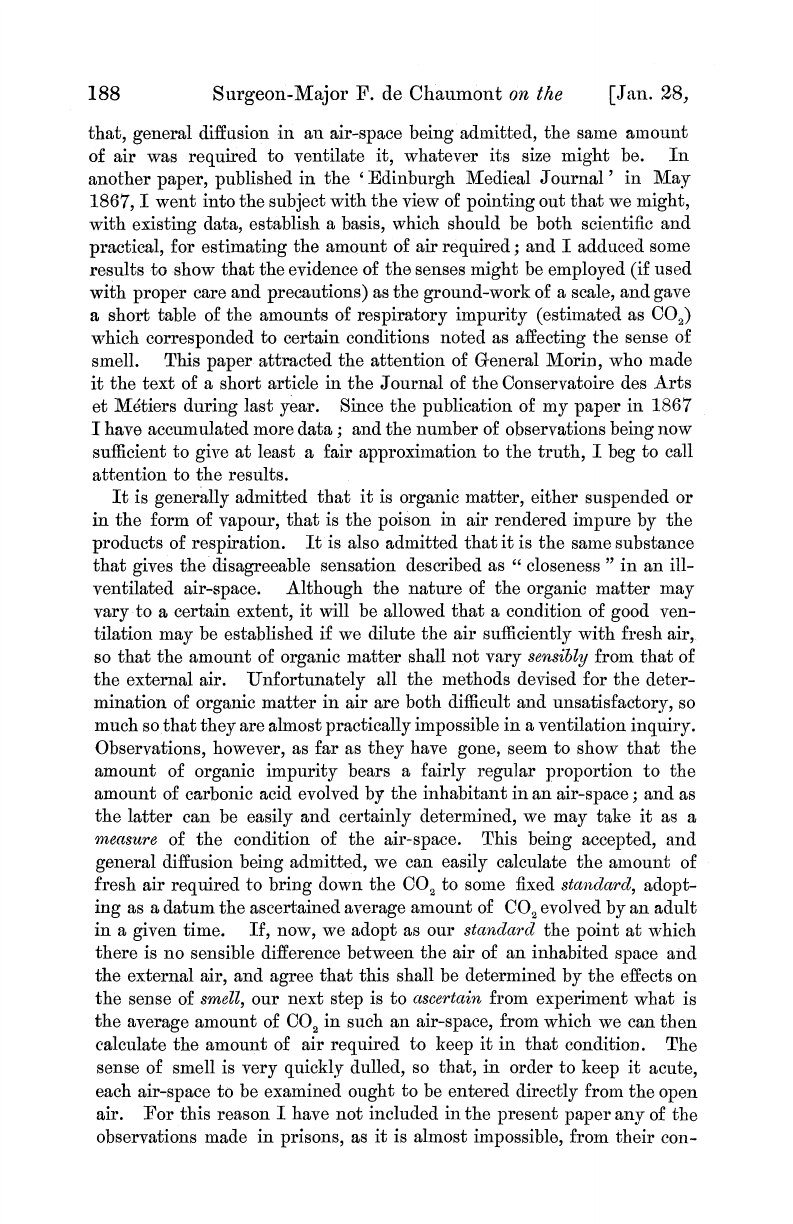 Page from De Chaumont's 1874 ventilation paper describing carbonic acid as a measure of indoor air