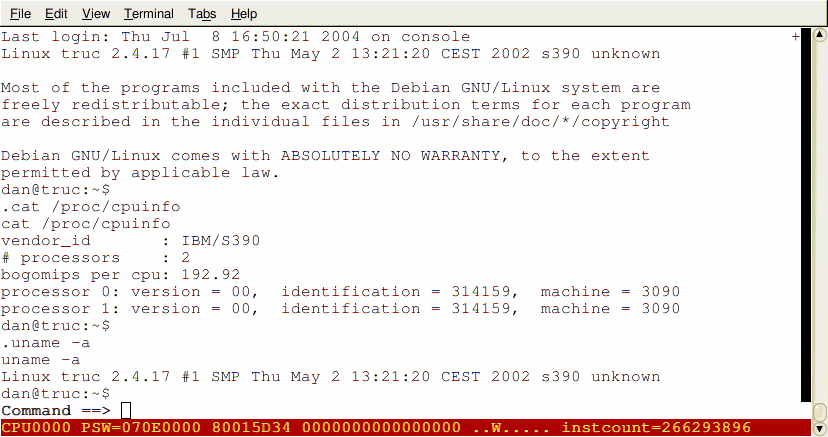 Linux running under Hercules with cpuinfo reporting two IBM S/390 processors
