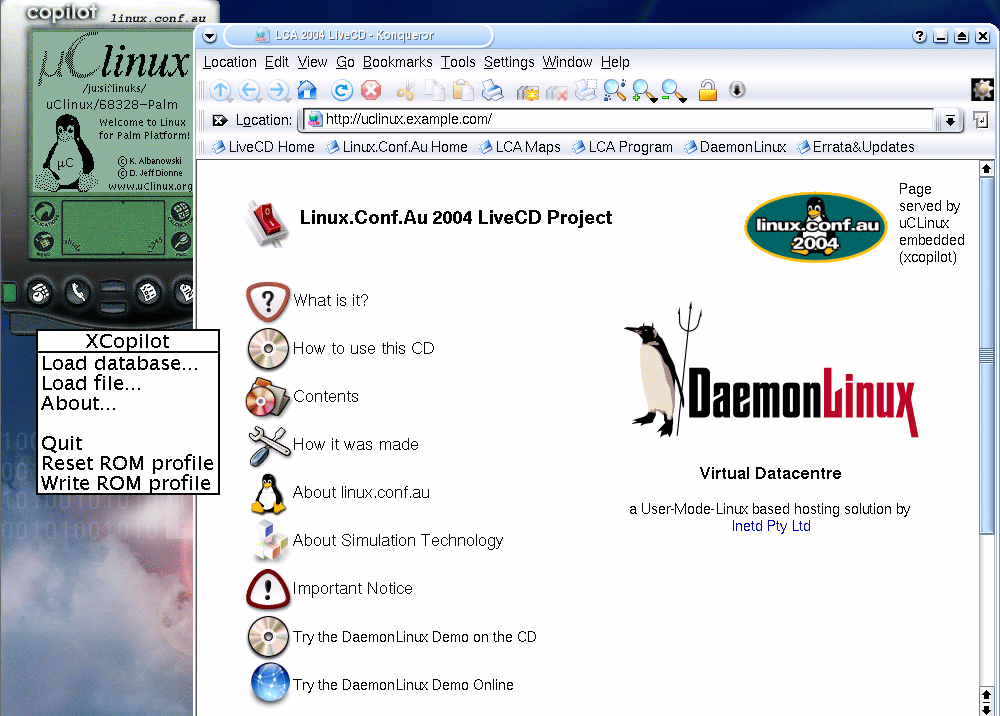 The linux.conf.au 2004 LiveCD desktop, showing its welcome page served by a virtual Palm Pilot running uClinux